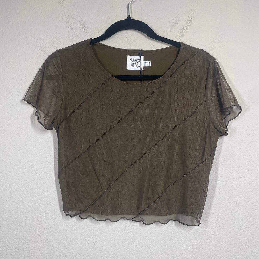 Princess Polly Size 10 Mateo Crop Top Brown Sheer Crew Neck Short Sleeves
